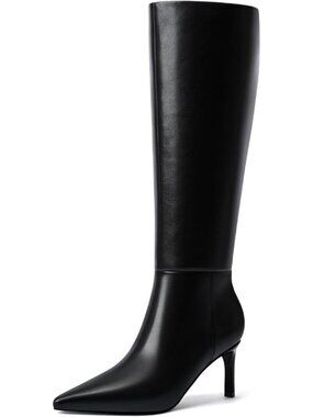 Women's Black Knee High Boots 2.5-Inch Stiletto Heel Boots Pointed Toe Tall Boot